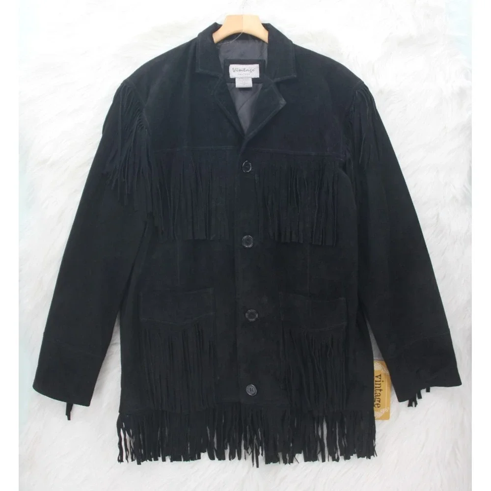 Vintage Leather Black Suede Jacket Fringe Western Cowboy Festival Boho Men's Lg